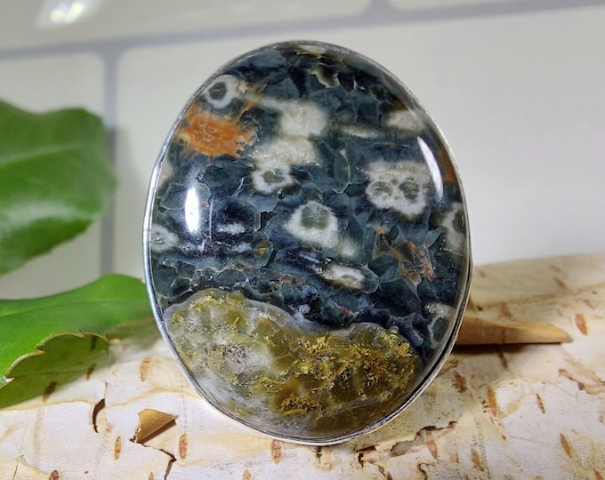 Natural Ocean Jasper Sterling Silver Ring, Ocean Jasper Boho Ring, Statement Ring; Handmade Ring, Quality Ring Size 7 3/4 GT