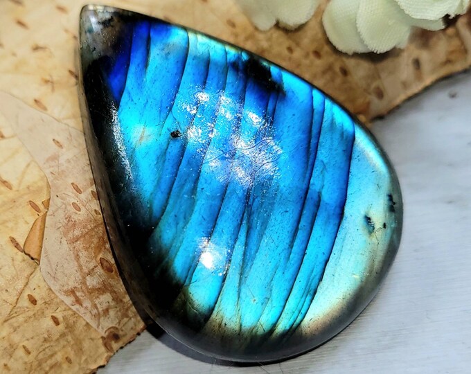 Labradorite Cabochon, 80ct Labradorite Pear Cabochon, Blue Flash Labradorite Cabochon, Wire Wrapping, Weaving, Pendant, Collector DE27