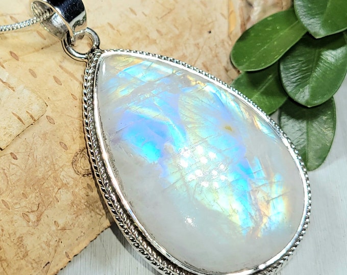 Natural AAAA Grade Multi Full Flash Pear Rainbow Moonstone .925 Sterling Silver Pendant Measures 2 1/8" x 1 1/8" Weighs 16 Grams CA26