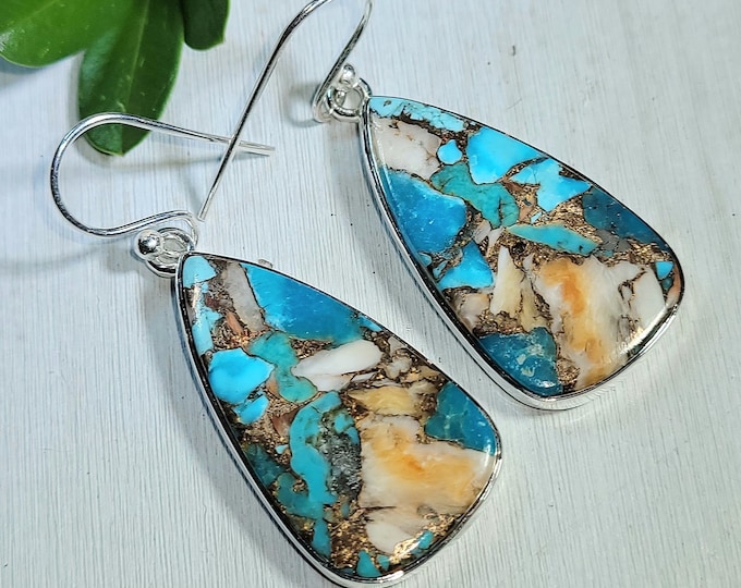Natural High Quality Spiny Oyster Turquoise .925 Sterling Silver Earrings 9 Grams 1 3/4" x 11/16" EZ12