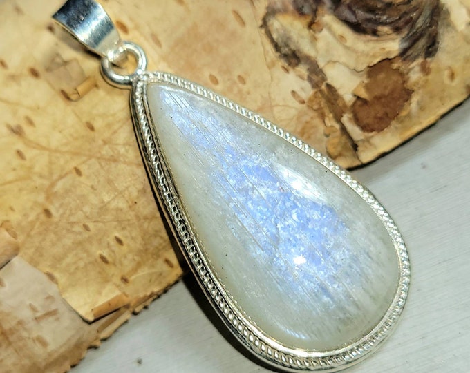 Natural Premium Grade Multi Flash Rainbow Moonstone Pear Handmade .925 Sterling Silver Pendant 2" x 3/4" 11 Grams CZ56