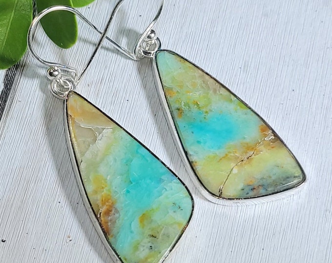 Natural Rare Premium Grade Blue Opalized Wood Handmade .925 Sterling Silver Earrings 6 Grams 1 7/8" x 5/8" CM12 Gift for Her Genuine Stones