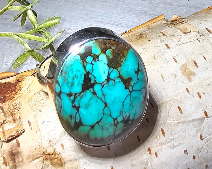 Tibetan Turquoise Sterling Silver Ring, Turquoise Boho Ring, Statement Ring; Handmade Ring, Premium Tibet Turquoise,Quality Ring Size 9 GK