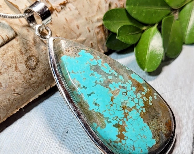 Natural High Grade Large Arizona Kingman Turquoise Handmade .925 Sterling Silver Pendant 2 7/16" x 1 3/16" 15 grams AC12