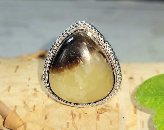 Natural Yellow Septarian Pear Handmade .925 Sterling Silver Ring Size 7.5 Great Gift for Her Genuine Septarian