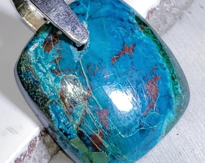 Natural AA African Chrysocolla Square Cabochon .925 Sterling Silver Pendant 1 3/8" x 1" EC08 Custom Fit Heavy Duty Sterling Silver Bail