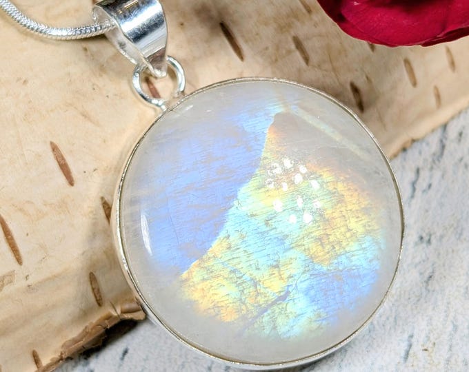Rainbow Moonstone Sterling Silver Pendant: Handmade Round Rainbow Moonstone Pendant, KA12