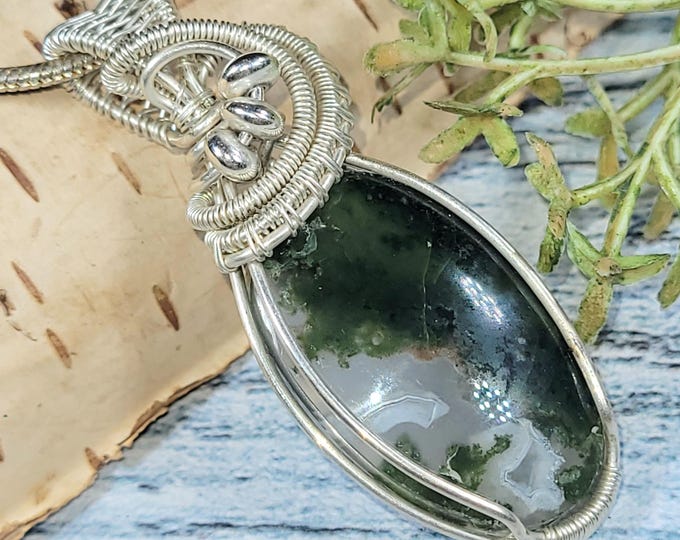 Wire Wrapped Moss Agate Sterling Silver Pendant: Artisan Crafted