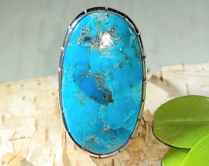 Natural AAA Grade Arizona Kingman Turquoise Handmade .925 Sterling Silver Ring Size 7 Weighs 8 Grams Face Measures 1 1/8" x 11/16" AH28