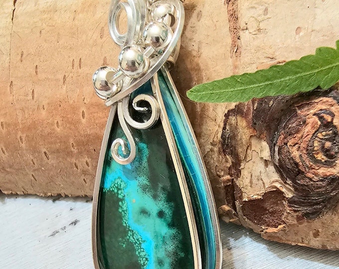 Malachite Chrysocolla Pendant, Malachite Chrysocolla Wire Made Sterling Silver Pendant, Gift for Her, Statement Pendant, FS08