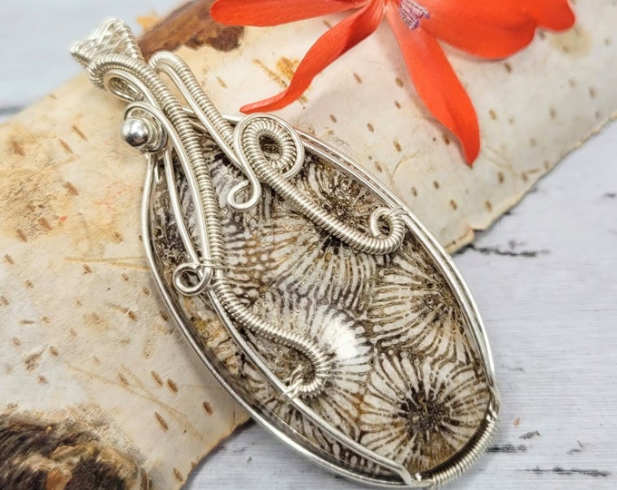 Natural AAA Grade Fossil Coral Wire Wrapped Sterling Silver Pendant, Fossil Coral Pendant, Wire Wrapped Pendant.  FD10
