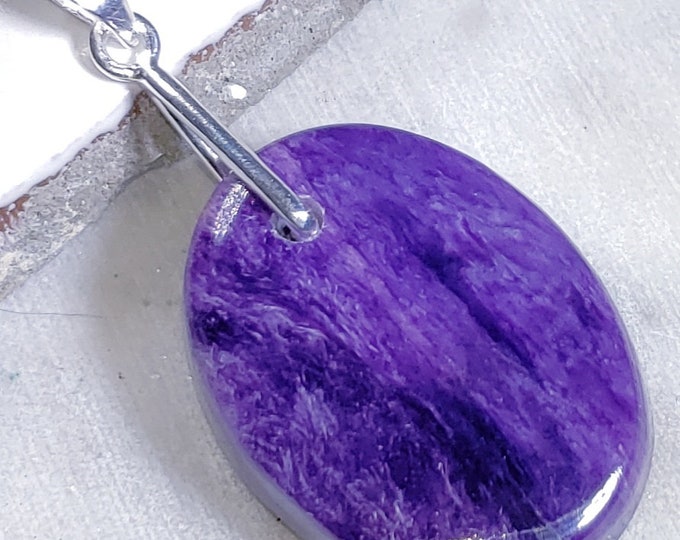 Natural AAA Charoite Oval Cabochon .925 Sterling Silver Pendant measures 1 3/4" x 7/8" EB19 Custom Fit Sterling Silver Heavy Duty Bail