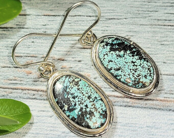 Natural High Grade Tibet Turquoise .925 Sterling Silver Earrings 7 Grams 1 7/16" x 1/2" EL13