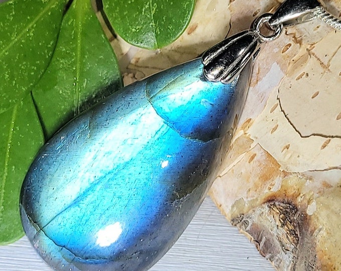 Natural Top Grade Blue Flash Labradorite Pear Cabochon .925 Sterling Silver Pendant 1 5/8" x 11/16" EW06 Sterling Silver Rhodium Plated Bail