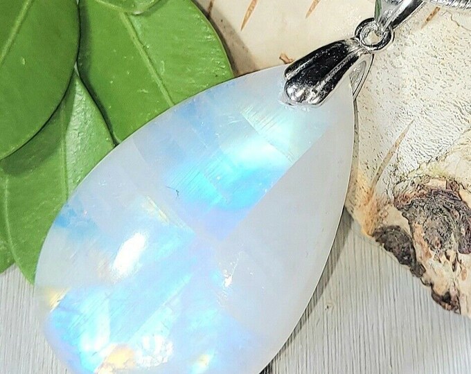 Natural High Grade Rainbow Moonstone Pear Cabochon .925 Sterling Silver Pendant 1 3/4" x 7/8" EP15 Sterling Silver Rhodium Plated Bail