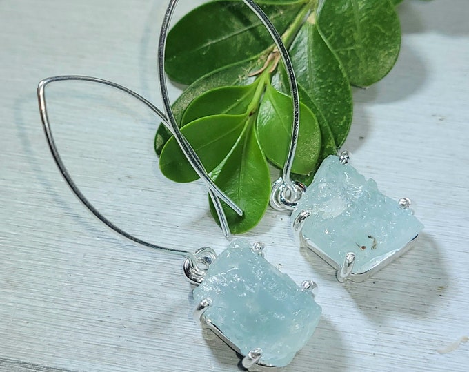 Natural Raw Rough Cut Aquamarine .925 Sterling Silver Designer Earrings 6 Grams 1 7/8" x 1/2" CE29 Marquise Ear Wire