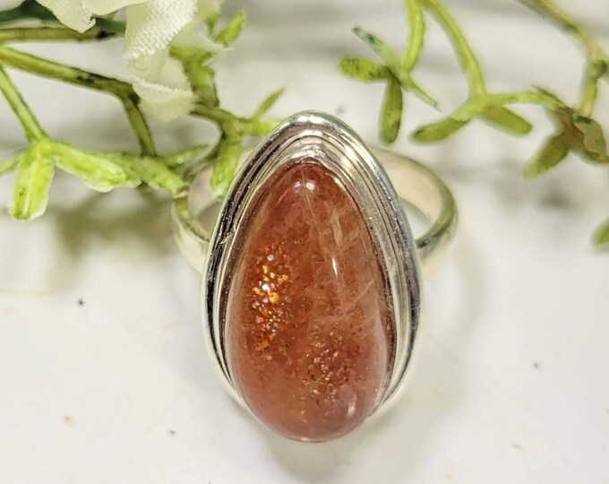 Natural Handmade Pear Sunstone .925 Sterling Silver Ring Size 6.75 Genuine Stone CZ