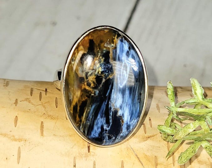 Pietersite Ring, Blue Pietersite Sterling Silver Ring, Handmade Oval Pietersite Ring, Statement Ring , Gift for Her, Size 8.5 HN