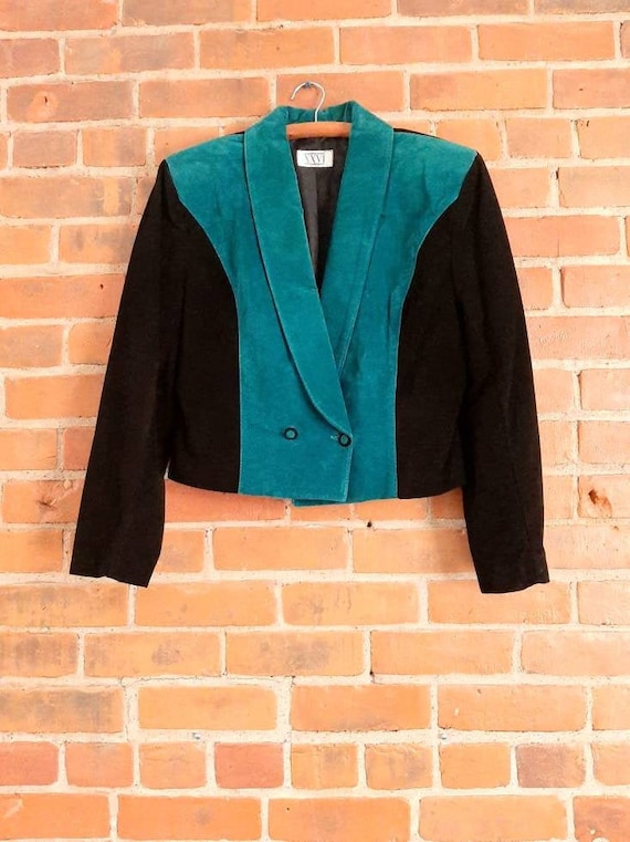 Vintage Leather Blazer, Black And Teal Leather Jac