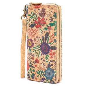Corcho 100% Natural - Cartera mujer cremallera - Cartera mujer - Corcho natural con patrón de flores cremallera cartera mujer
