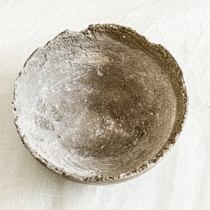 May include: A circular bowl with a rough, uneven, and textured rim. The interior surface features a mottled, earthy brown and grey finish with visible granular details, creating a weathered appearance across the entire concave structure.