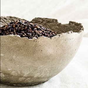 May include: A bowl made of gray concrete with a porous, textured surface and a jagged, uneven rim. The bowl is filled with a mound of dried purple lavender buds, which are clustered together in the center of the container.