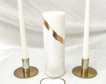 Wedding Unity Candle Set: White Cement, Gold Leaf, Soy Candle