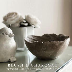 May include: A small, dark brown bowl with a rough, uneven, and textured rim. Beside the bowl sits a light-colored, smooth, rounded bird figurine. The text "BLUSH & CHARCOAL" and "WWW.BLUSHANDCHARCOAL.ETSY.COM" is printed at the bottom of the image.