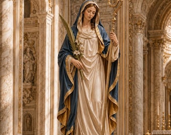 Saint Winona Statue, Hand Painted Catholic Female Saint Sculpture with Lilies and Pastoral Staff
