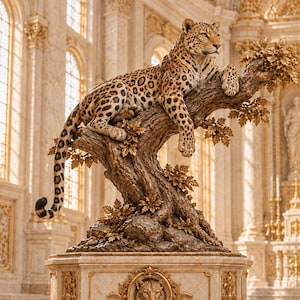 Könnte beinhalten: Eine Skulptur eines gefleckten Leoparden, der auf einem strukturierten Ast mit goldfarbenen Blättern ruht. Der Baum steht auf einem beigen Marmorsockel mit einem zentralen kreisförmigen Relief eines Leopardenkopfes und goldenen Verzierungen.