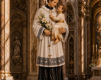 Saint Stanislaus Kostka with Child Jesus Statue, Hand Painted Catholic Saint Sculpture, Pedestal Included