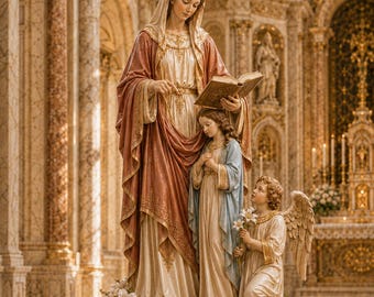 Saint Anne Statue with Child Mary and Angel, Hand Painted Catholic Sculpture