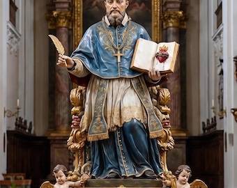 Saint Francis de Sales Statue, Hand Painted Catholic Figurine, Religious Sculpture