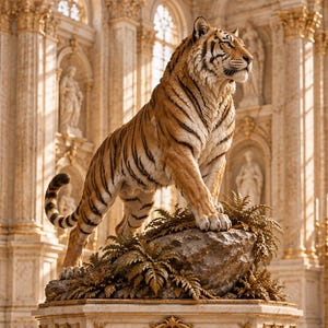 May include: A large, detailed tiger statue standing on a rocky base with fern foliage. The base is a white and gold marble pedestal featuring a central lion head relief. The tiger has orange fur with black stripes and is positioned in a grand hall.