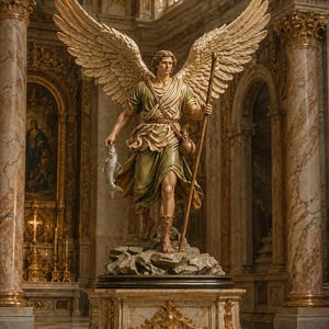 May include: A large, detailed statue of a winged figure standing on a rocky base. The figure wears a green tunic, holds a long staff in one hand, and carries a fish in the other. A small pouch hangs from the waist. The statue is set on a pedestal.