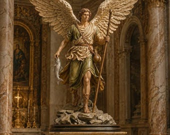 Archangel Raphael Solo Statue, Healing Angel with Fish and Staff, Hand Painted Catholic Resin Sculpture
