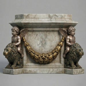 Könnte beinhalten: Ein dekorativer Sockel aus Marmor und Bronze. Zwei Bronze-Putten mit Flügeln sitzen auf Bronze-Löwen auf beiden Seiten des Sockels. Eine goldfarbene Girlande hängt in der Mitte. Der Sockel hat eine Marmorplatte.