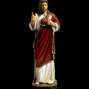 Estátua do Sagrado Coração de Jesus – Estatueta Católica Pintada à Mão para Altar, Cantinho de Oração ou Presente | Escultura Devocional Religiosa