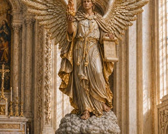 Archangel Uriel Figurine | Golden Angel Statue Decor | Catholic Religious Sculpture | Divine Wisdom Collectible | Baroque Cathedral Figure