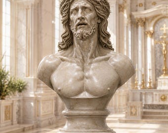 Jesus Christ Bust, Christian Sacred Sculpture, Marble Bronze Color, 22k Gold Details Option