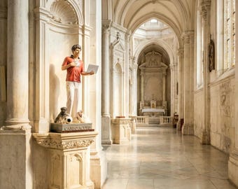 Blessed Carlo Acutis with Dog Statue, Hand Painted Catholic Youth Saint Sculpture, Patron of Internet Decor