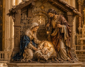 Holy Family Nativity Scene with Mary Joseph and Baby Jesus, Hand Painted Catholic Christmas Creche Statue
