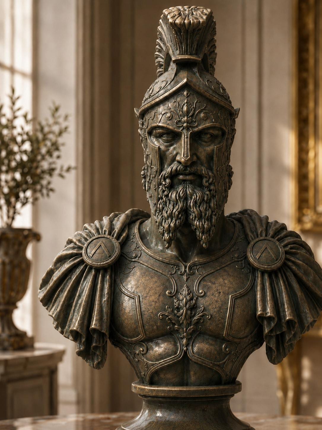 レオニダス王の胸像、スパルタ王の戦士の彫刻、大理石ブロンズ仕上げ