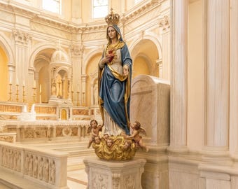 Estatua del Inmaculado Corazón de María con Querubines – Figura de resina pintada a mano para altar católico