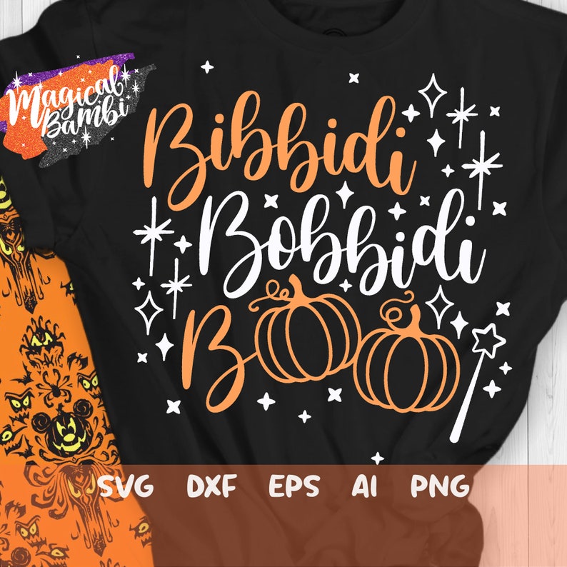May include: Black t-shirt with white text that reads "Bibbidi Bobbidi Boo" with two orange pumpkins and white stars. The text "Magical Bambi" is in the top left corner.