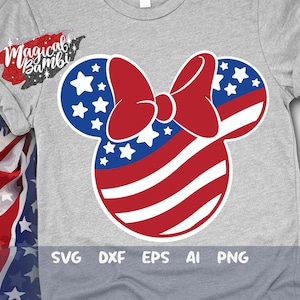 Mouse Head Svg, 4th of July Mouse Svg, Red White Bow Svg, USA Flag Svg, America Mouse Svg, Stars Stripes, Svg, Dxf, Png