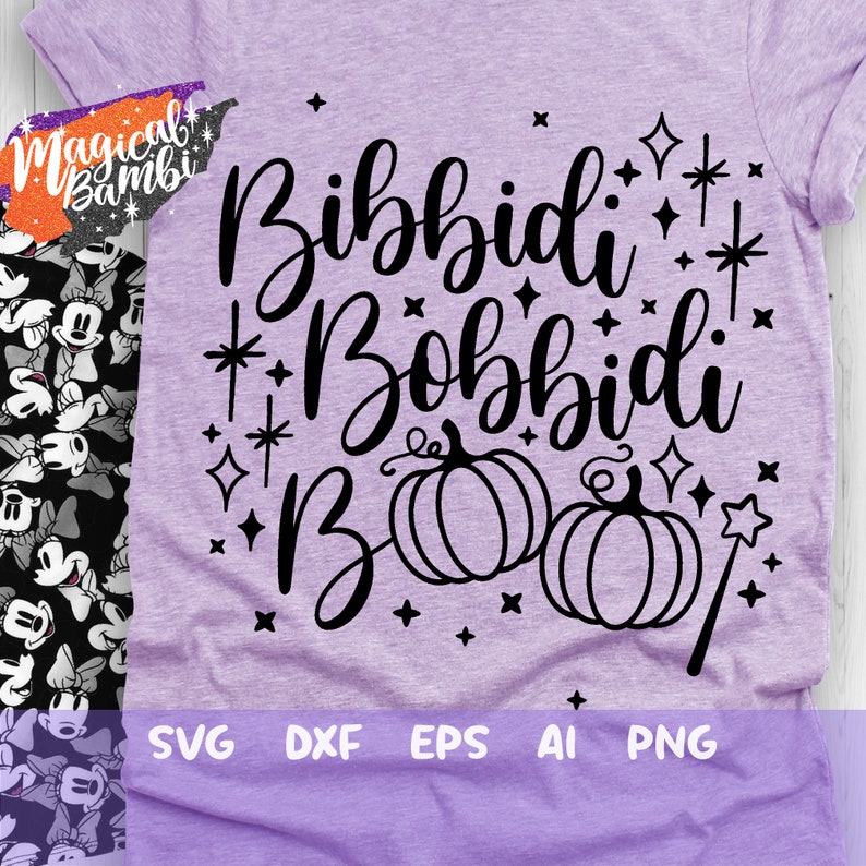 May include: Purple t-shirt with black text that reads "Bibbidi Bobbidi Boo" with two pumpkins and a magic wand. The text is in a whimsical font.