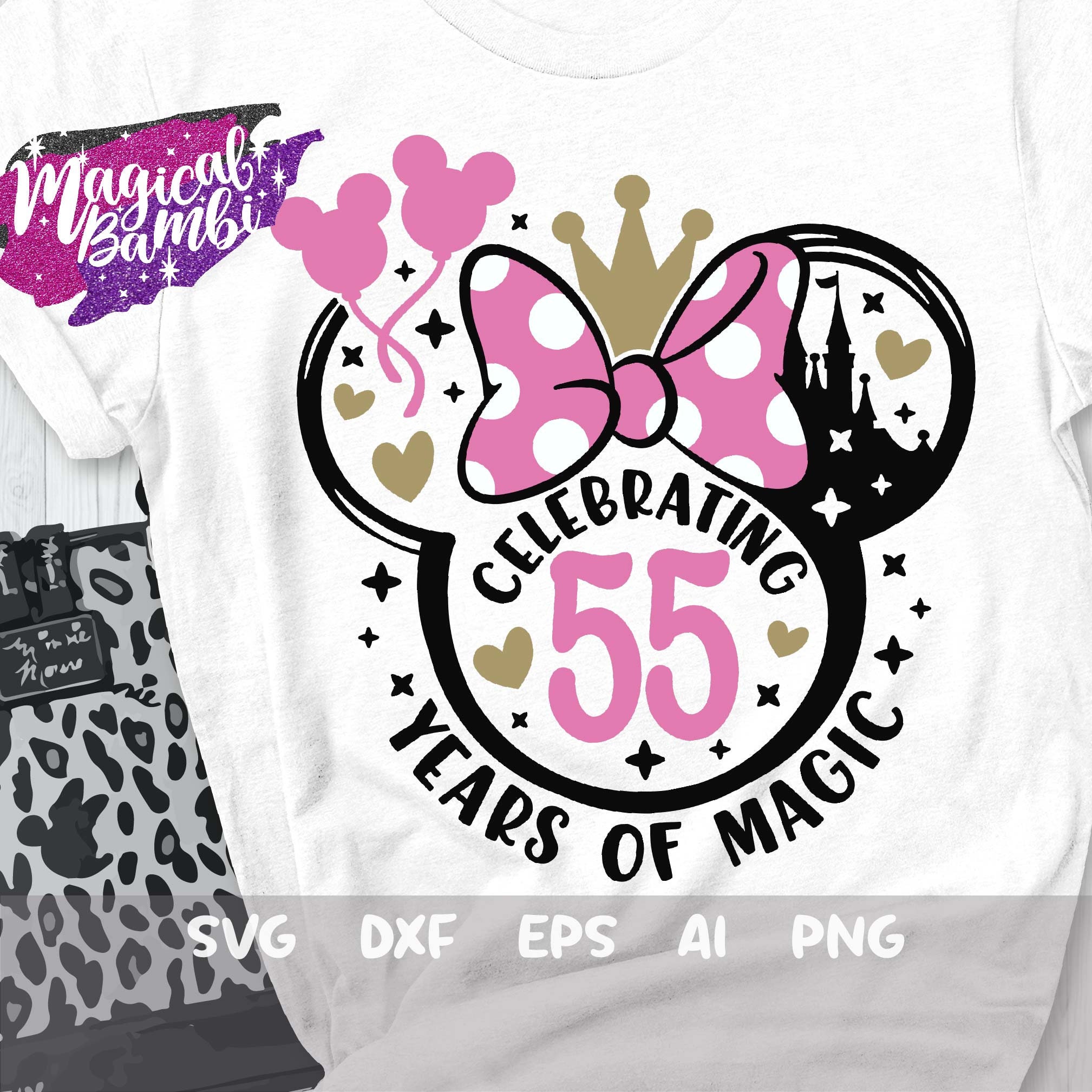 Celebrating 55 Years of Magic Svg, Mouse Bow Svg, Birthday Trip Svg, 55th Birthday Svg, Mouse Ears Svg, Birthday Girl Svg, Dxf, Png
