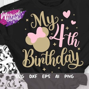 May include: A black t-shirt with a gold and pink design that says "My 4th Birthday". The design includes a gold Mickey Mouse head with a pink bow.