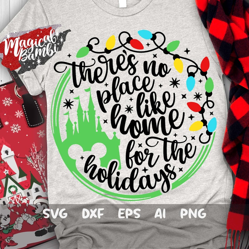 May include: A green circle with a white outline and a string of colorful lights around it. Inside the circle is a green silhouette of the Cinderella Castle, a Mickey Mouse head, and the text "There's no place like home for the holidays".